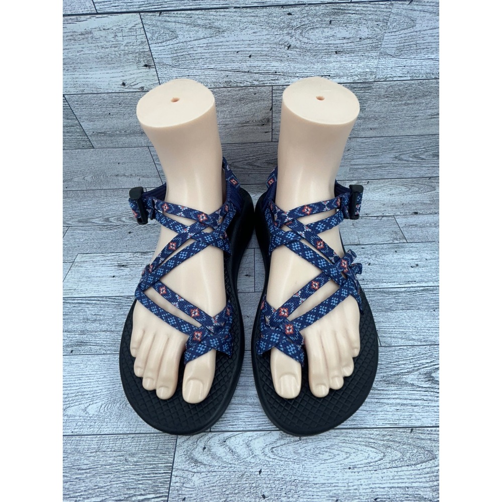 Chaco Z/Cloud 2 Women Sz 7 Navy Blue Geometric Double Strap Toe Loop Sandals‎